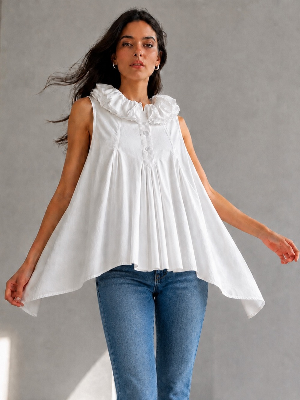 Gracia White Cotton Sleeveless Top | Ruffle Collar High-Low Swing Tunic Small